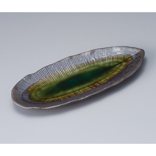 38112-101 いぶし金彩織部葉型楕円皿|業務用食器カタログ陶里30号