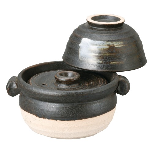 69123-711 黒釉茶碗付ご飯鍋(中蓋付)1合炊|業務用食器カタログ陶里30号