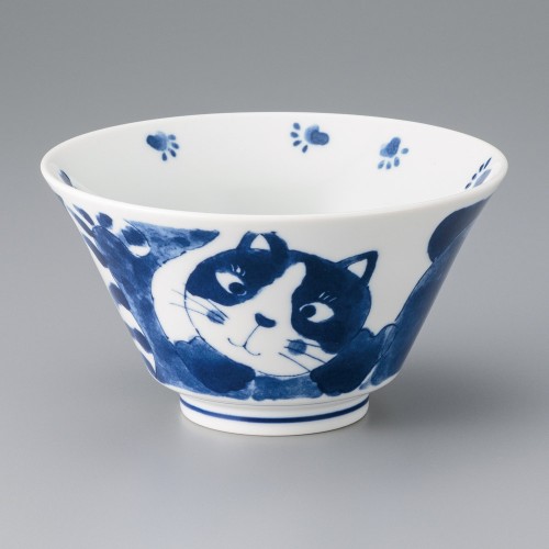 A2008-241 藍染猫絵17㎝麺鉢|業務用食器カタログ陶里30号