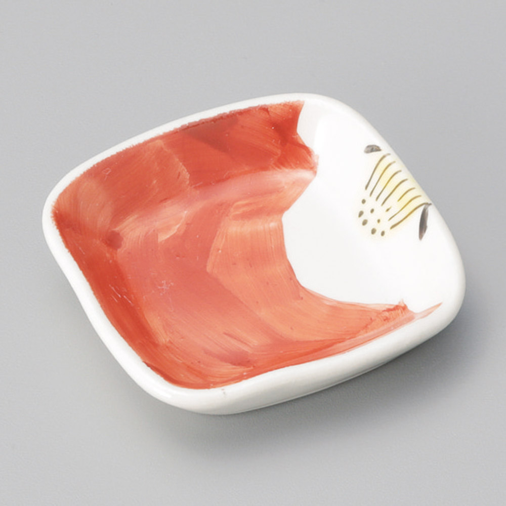 42421-491 手描き赤ダミ椿角小皿|業務用食器カタログ陶里31号